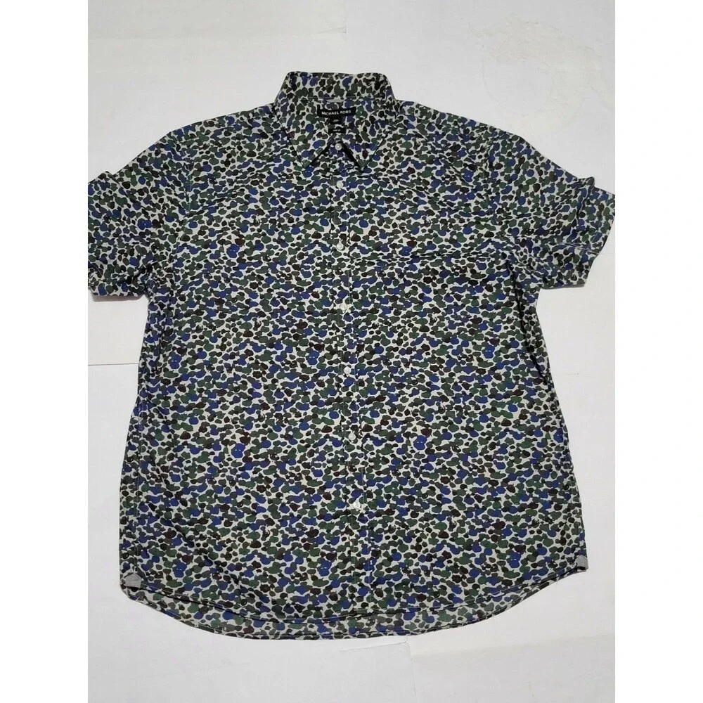Michael Kors Blue Green Black Printed Short Sleeve Blouse